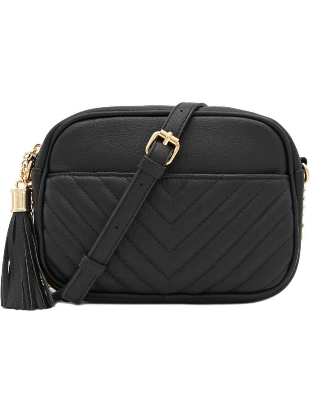 Chevron Quilted Crossbody Bag with Chain Strap & Tassel - Stylish Camera Purse